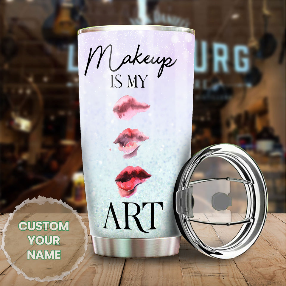 Camellia Personalized Make Up Is My Art Lipstick Stainless Steel Tumbler - Double-Walled Insulation Travel Thermal Cup With Lid Gift For Make Up Artist Hairstylist Women