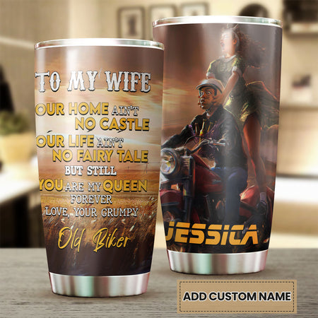 Camellia Personalized Biker Couple To My Wife Loving Letters Stainless Steel Tumbler - Double-Walled Insulation Travel Thermal Cup With Lid Gift For Valentines Day Couple Wife