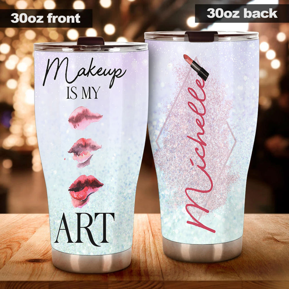 Camellia Personalized Make Up Is My Art Lipstick Stainless Steel Tumbler - Double-Walled Insulation Travel Thermal Cup With Lid Gift For Make Up Artist Hairstylist Women