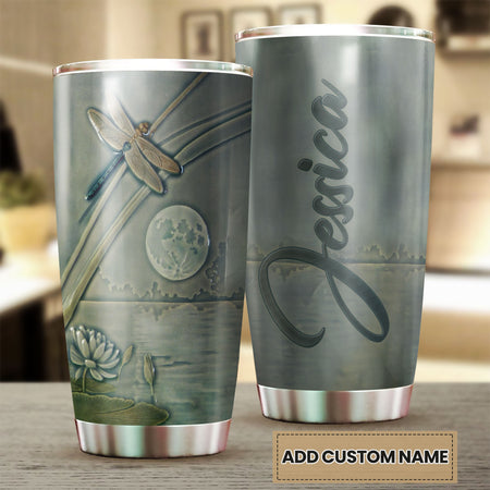 Camellia Personalized Dragonfly Lotus Lake Graphics Stainless Steel Tumbler - Double-Walled Insulation Travel Thermal Cup With Lid Gift For Nature Dragonfly Lover