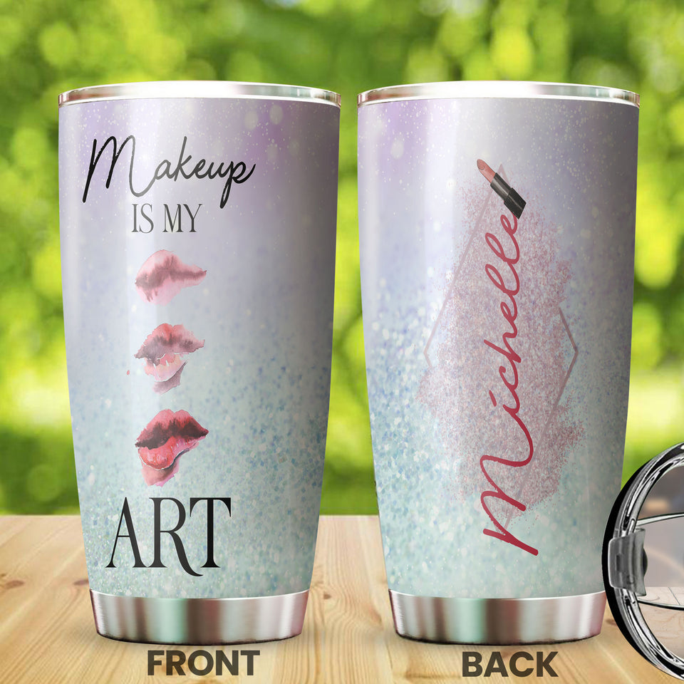 Camellia Personalized Make Up Is My Art Lipstick Stainless Steel Tumbler - Double-Walled Insulation Travel Thermal Cup With Lid Gift For Make Up Artist Hairstylist Women