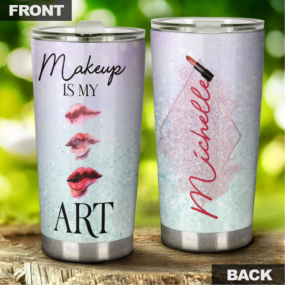 Camellia Personalized Make Up Is My Art Lipstick Stainless Steel Tumbler - Double-Walled Insulation Travel Thermal Cup With Lid Gift For Make Up Artist Hairstylist Women