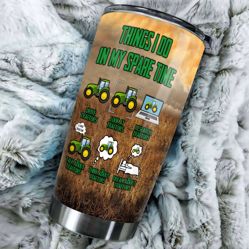Camellia Personalized Green Tractor Things I Do In My Spare Time Farming Stainless Steel Tumbler - Double-Walled Insulation Travel Thermal Cup With Lid Gift For Farm Tractor Lover