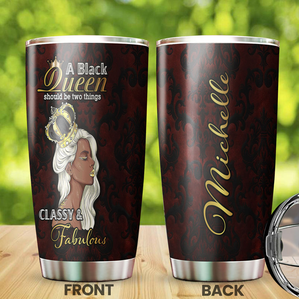Camellia Personalized A Black Queen Classy Fabulous Crown Stainless Steel Tumbler - Double-Walled Insulation Travel Thermal Cup With Lid Gift For Afro Girl Black Women