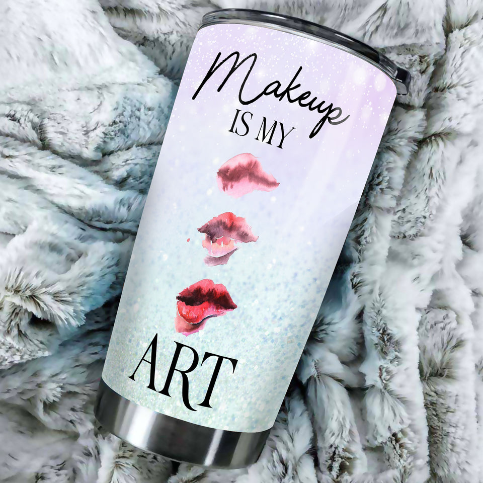 Camellia Personalized Make Up Is My Art Lipstick Stainless Steel Tumbler - Double-Walled Insulation Travel Thermal Cup With Lid Gift For Make Up Artist Hairstylist Women