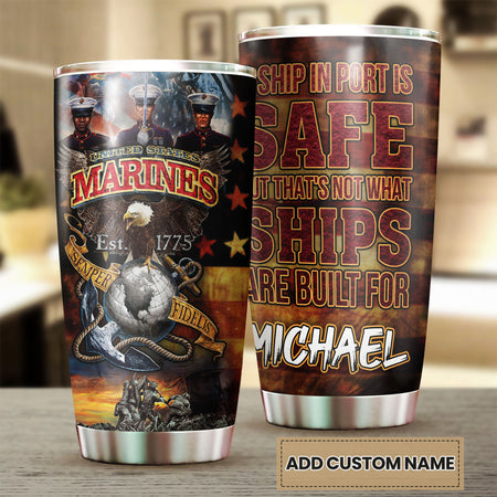Camellia Personalized United States Navy Marines Ships Stainless Steel Tumbler - Customized Double-Walled Insulation Travel Thermal Cup With Lid Gift For Soldier Veteran