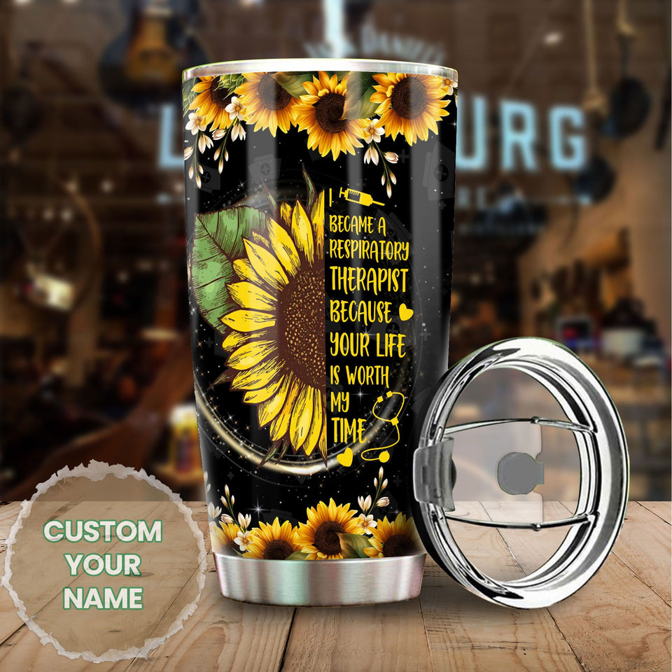 Camellia Personalized Sunflower Respiratory Therapist Your Life Worth My Time Stainless Steel Tumbler - Double-Walled Insulation Thermal Cup With Lid Gift For Respiratory Therapist