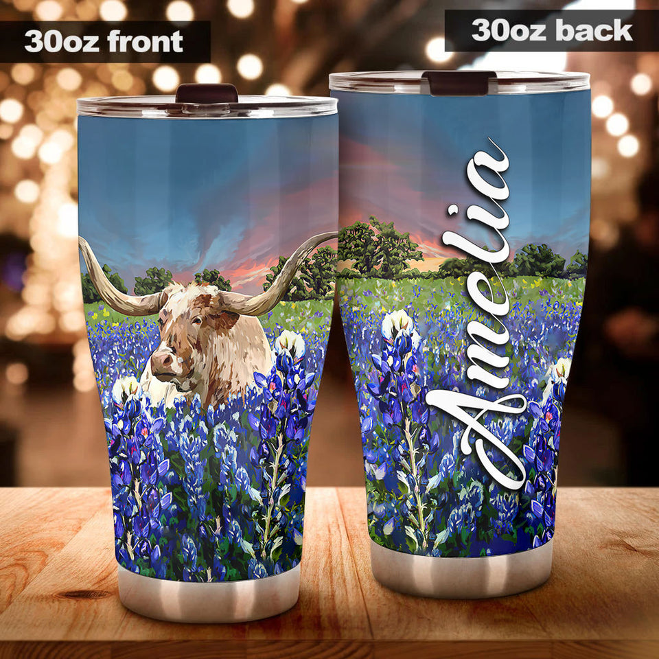 Camellia Personalized Texas Bull Longhorn Flowers Field Nature Graphics Stainless Steel Tumbler - Double-Walled Insulation Travel Thermal Cup With Lid Gift For Texas American