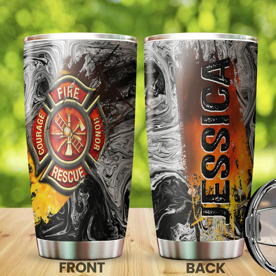 Camellia Personalized 3D Colorful Firefighter Dept Stainless Steel Tumbler - Customized Double-Walled Insulation Therma Cup With Lid Gift For Fireman
