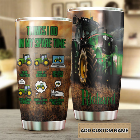 Camellia Personalized Green Tractor Things I Do In My Spare Time Farming Stainless Steel Tumbler - Double-Walled Insulation Travel Thermal Cup With Lid Gift For Farm Tractor Lover