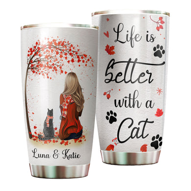 Camellia Personalized Autumn Girl Black Cat Life Is Better With Cat Stainless Steel Tumbler - Double-Walled Insulation Thermal Cup With Lid Gift For Pet Lover Cat Mom