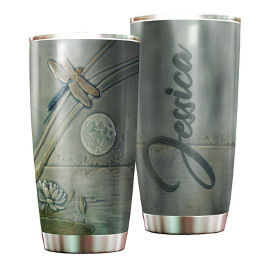 Camellia Personalized Dragonfly Lotus Lake Graphics Stainless Steel Tumbler - Double-Walled Insulation Travel Thermal Cup With Lid Gift For Nature Dragonfly Lover