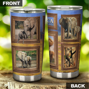 Camellia Personalized Elephant Mom And Baby Wildlife Nature Graphics Stainless Steel Tumbler - Double-Walled Insulation Travel Thermal Cup With Lid Gift For Elephant Lover