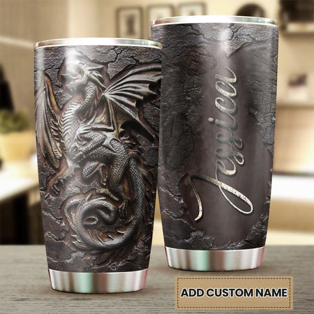 Camellia Personalized Viking Berserker Dragon Metal Style Graphic Stainless Steel Tumbler - Double-Walled Insulation Travel Thermal Cup With Lid Gift For Viking Lover