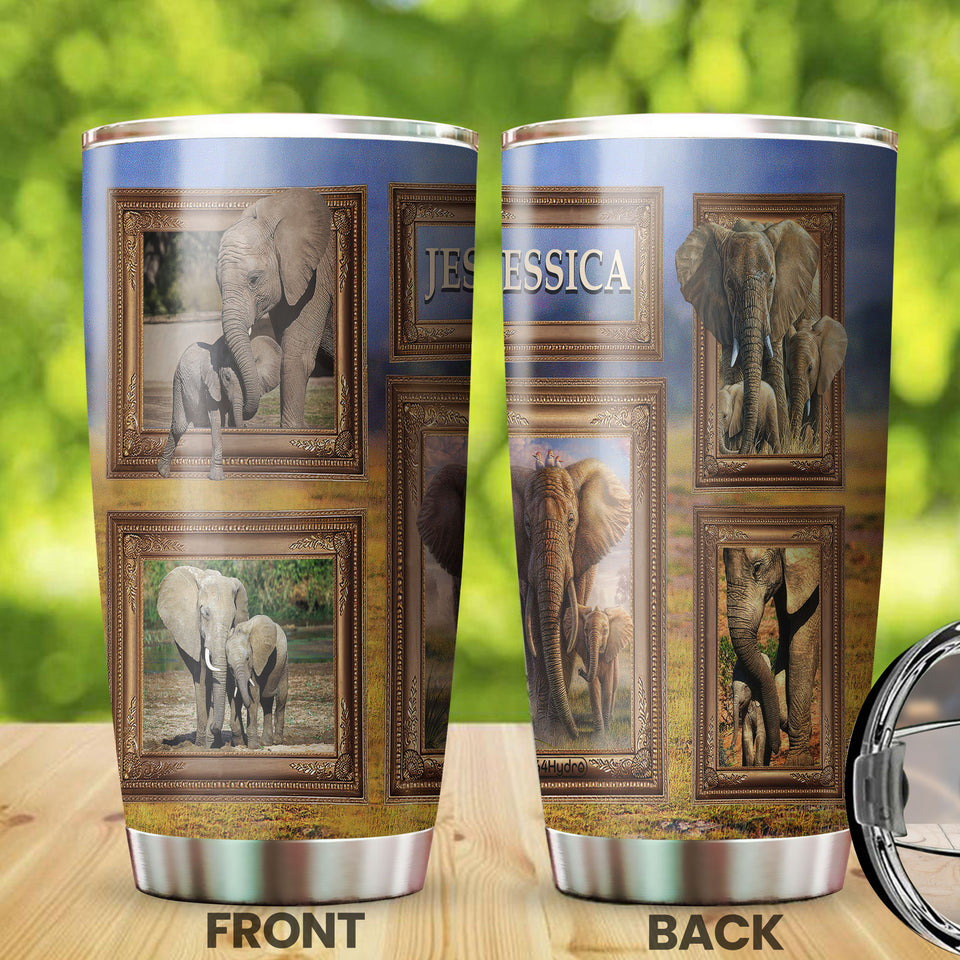 Camellia Personalized Elephant Mom And Baby Wildlife Nature Graphics Stainless Steel Tumbler - Double-Walled Insulation Travel Thermal Cup With Lid Gift For Elephant Lover