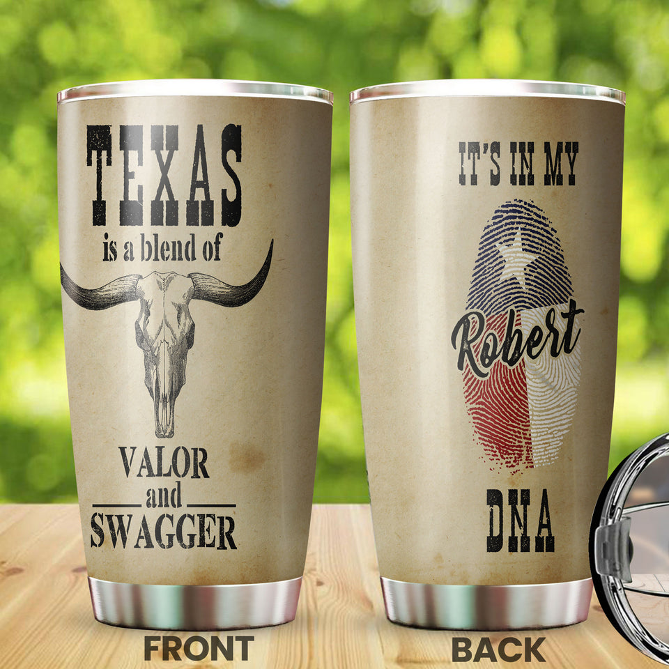 Camellia Personalized Longhorn Texas Blend Of Valor And Swagger Stainless Steel Tumbler - Double-Walled Insulation Travel Thermal Cup With Lid Gift For Texas Cowboy American