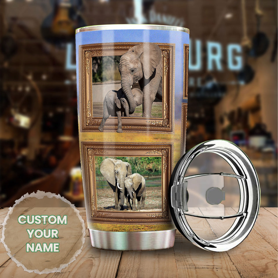 Camellia Personalized Elephant Mom And Baby Wildlife Nature Graphics Stainless Steel Tumbler - Double-Walled Insulation Travel Thermal Cup With Lid Gift For Elephant Lover