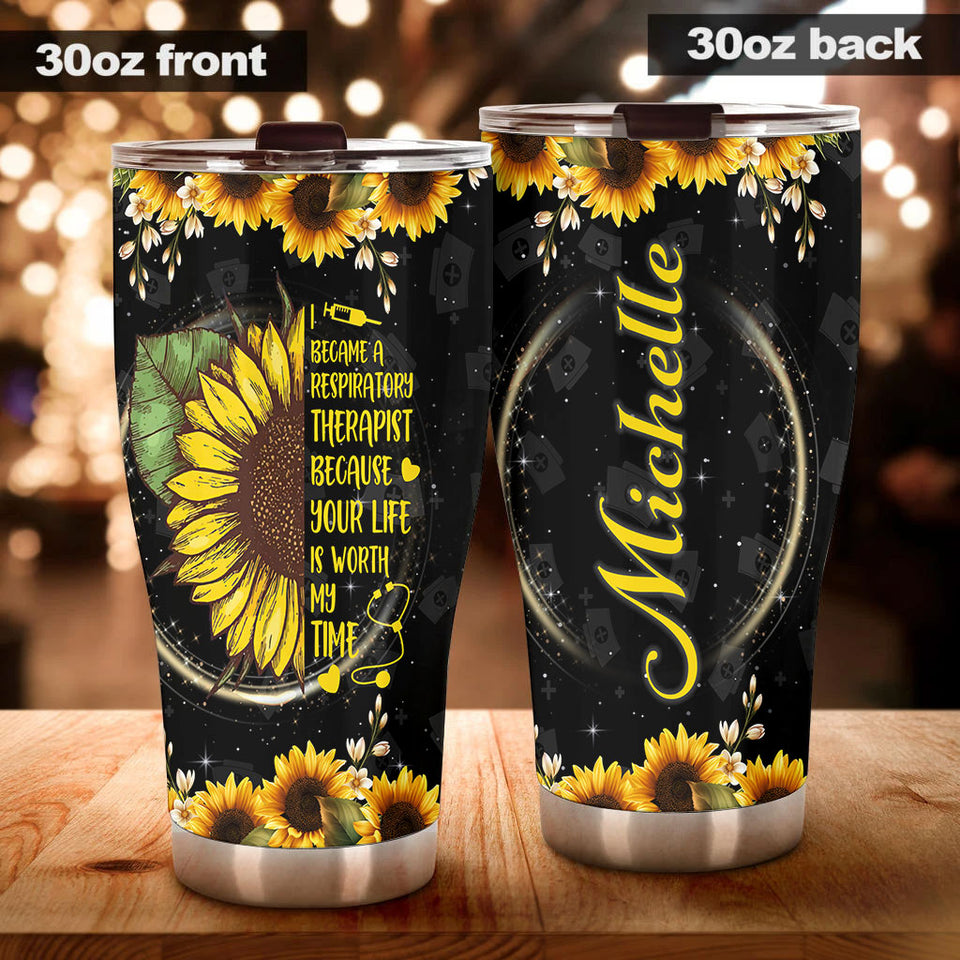 Camellia Personalized Sunflower Respiratory Therapist Your Life Worth My Time Stainless Steel Tumbler - Double-Walled Insulation Thermal Cup With Lid Gift For Respiratory Therapist