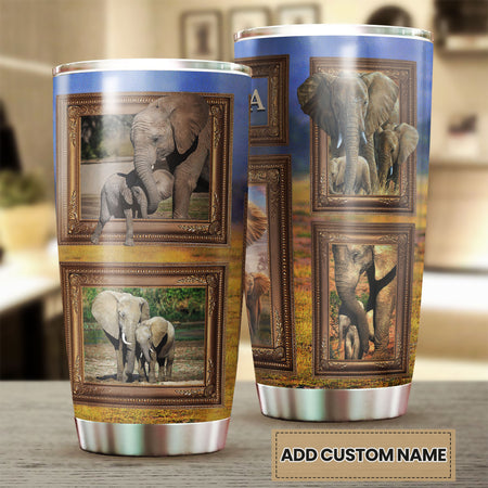 Camellia Personalized Elephant Mom And Baby Wildlife Nature Graphics Stainless Steel Tumbler - Double-Walled Insulation Travel Thermal Cup With Lid Gift For Elephant Lover