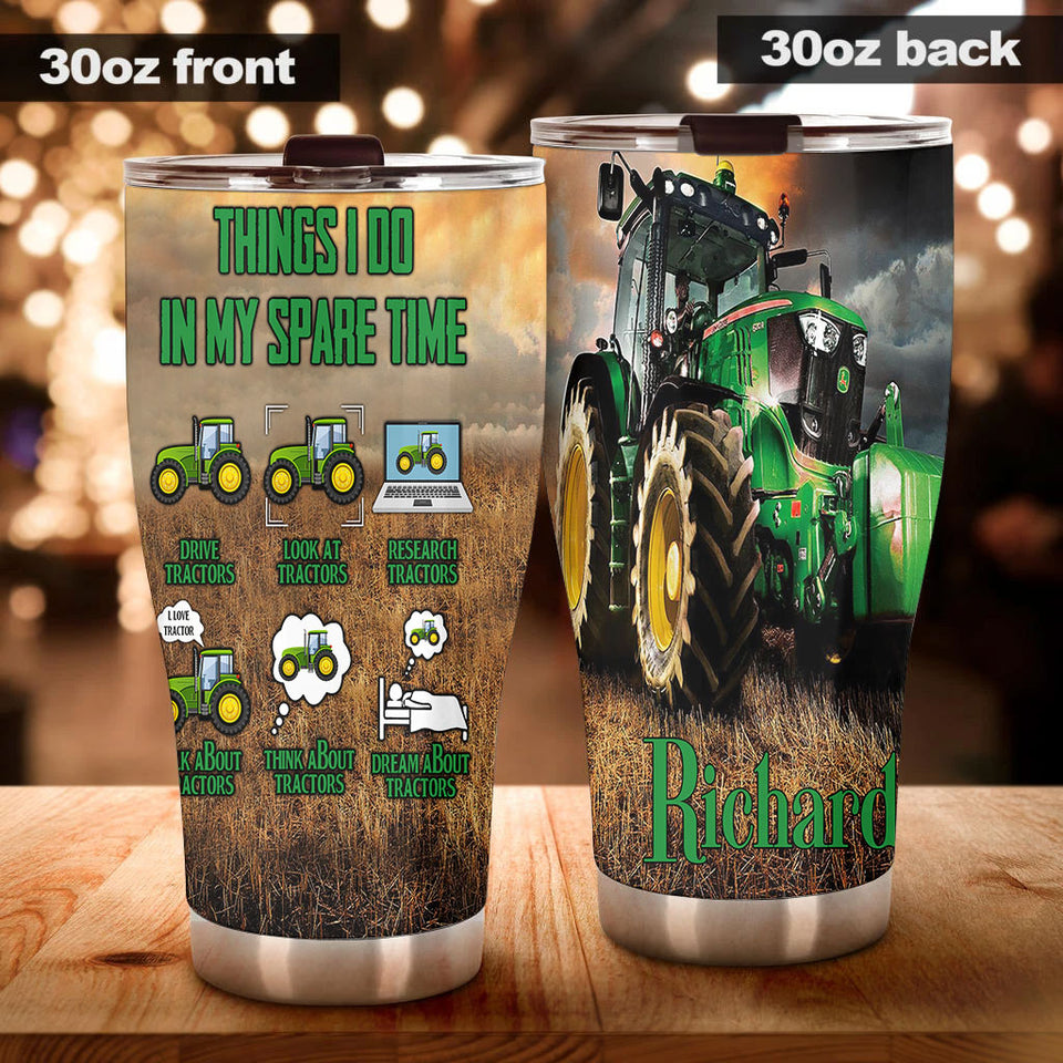Camellia Personalized Green Tractor Things I Do In My Spare Time Farming Stainless Steel Tumbler - Double-Walled Insulation Travel Thermal Cup With Lid Gift For Farm Tractor Lover