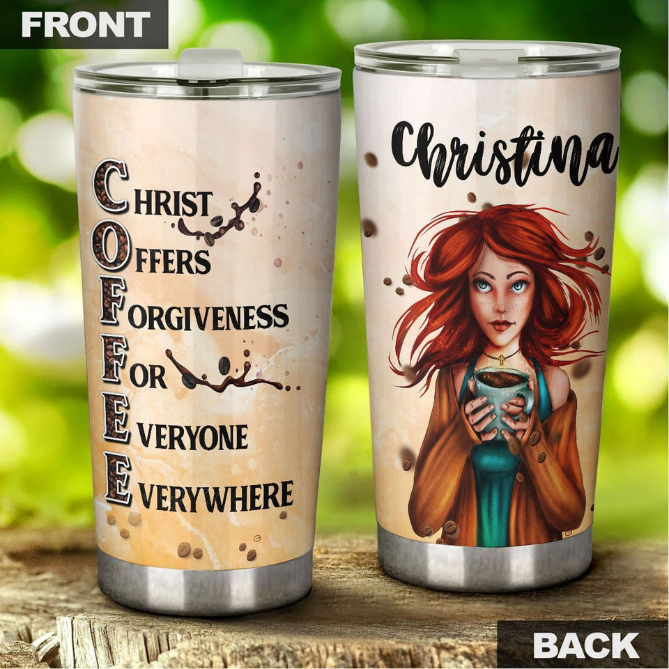 Camellia Personalized Redhead Coffee Girl Christ Forgiveness For Everyone Stainless Steel Tumbler - Double-Walled Insulation Coffee Thermal Cup With Lid Gift For Redhead Girl