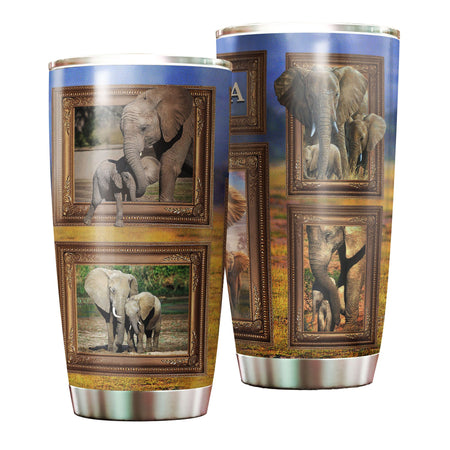 Camellia Personalized Elephant Mom And Baby Wildlife Nature Graphics Stainless Steel Tumbler - Double-Walled Insulation Travel Thermal Cup With Lid Gift For Elephant Lover