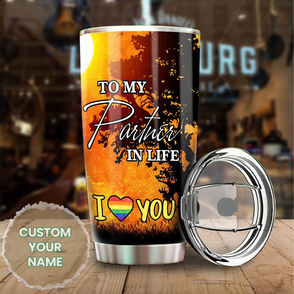Camellia Personalized Rainbow Flag LGBT To My Partner In Life Stainless Steel Tumbler - Double-Walled Insulation Thermal Cup With Lid Gift For Gay Lesbian