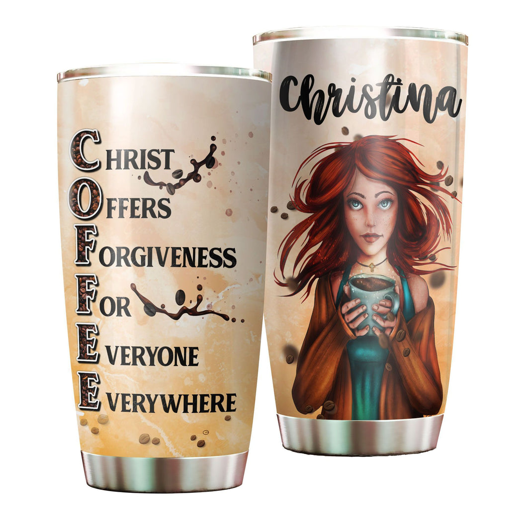 Camellia Personalized Redhead Coffee Girl Christ Forgiveness For Everyone Stainless Steel Tumbler - Double-Walled Insulation Coffee Thermal Cup With Lid Gift For Redhead Girl