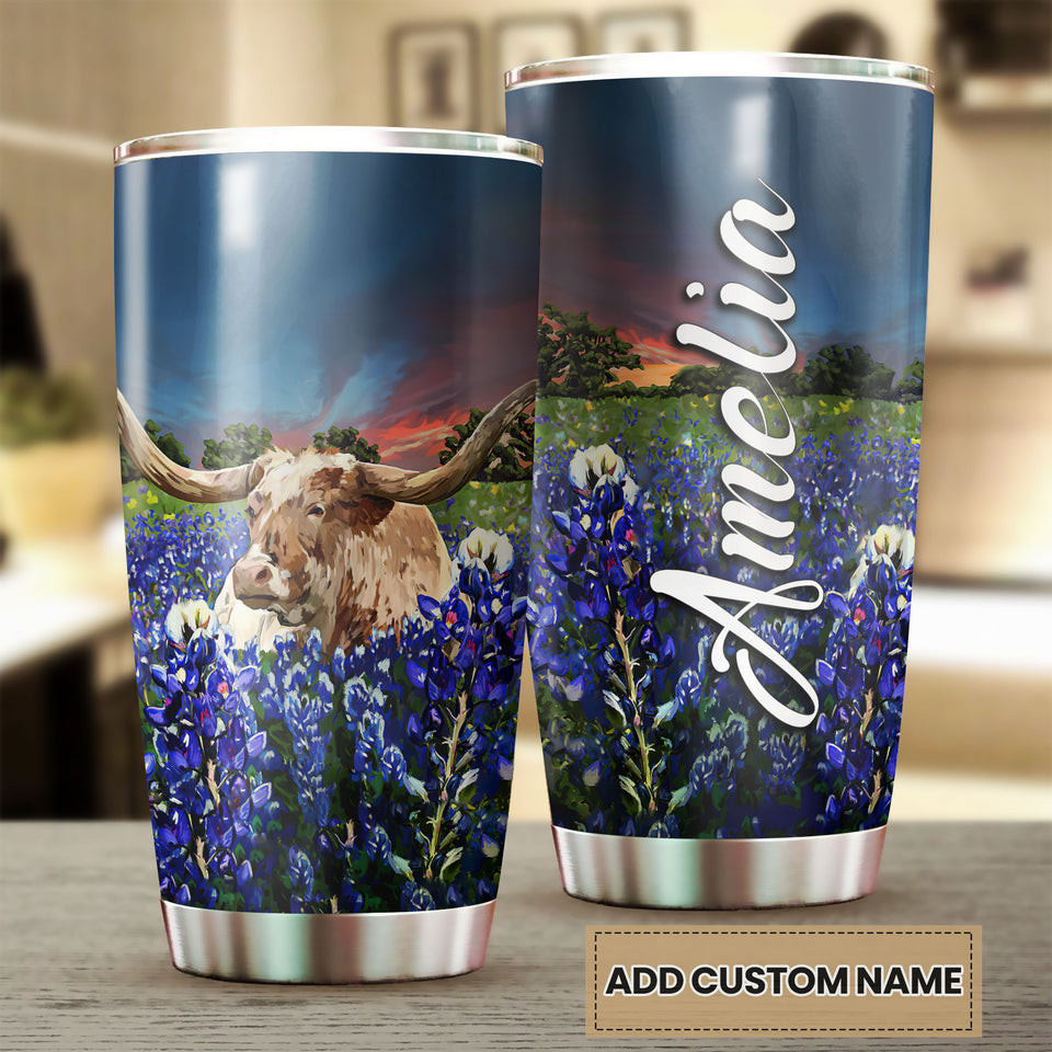 Camellia Personalized Texas Bull Longhorn Flowers Field Nature Graphics Stainless Steel Tumbler - Double-Walled Insulation Travel Thermal Cup With Lid Gift For Texas American