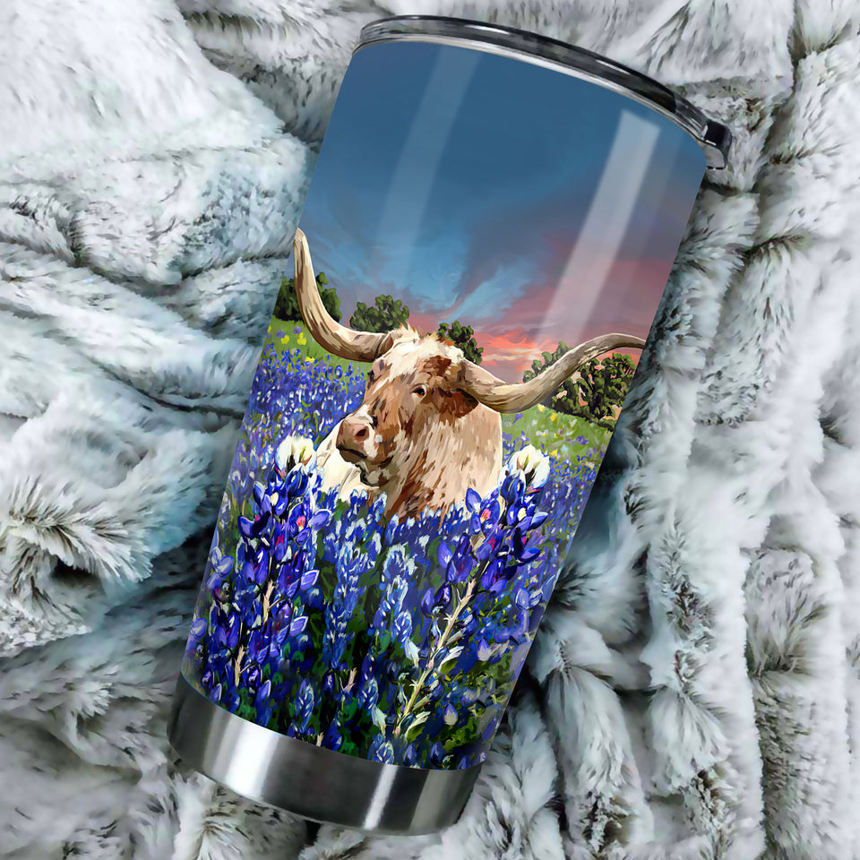 Camellia Personalized Texas Bull Longhorn Flowers Field Nature Graphics Stainless Steel Tumbler - Double-Walled Insulation Travel Thermal Cup With Lid Gift For Texas American
