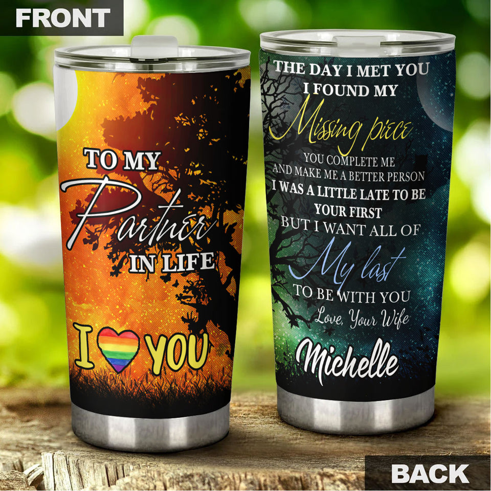 Camellia Personalized Rainbow Flag LGBT To My Partner In Life Stainless Steel Tumbler - Double-Walled Insulation Thermal Cup With Lid Gift For Gay Lesbian