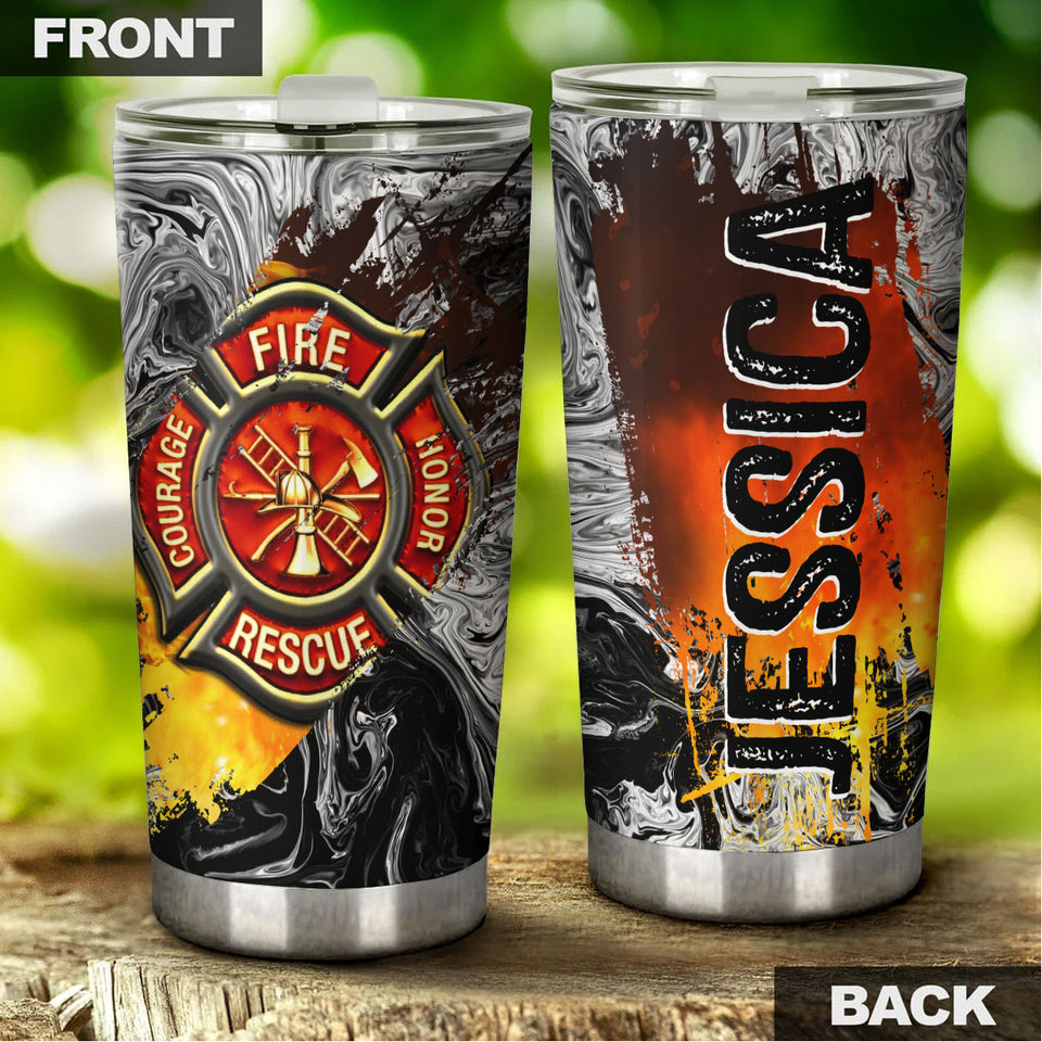 Camellia Personalized 3D Colorful Firefighter Dept Stainless Steel Tumbler - Customized Double-Walled Insulation Therma Cup With Lid Gift For Fireman