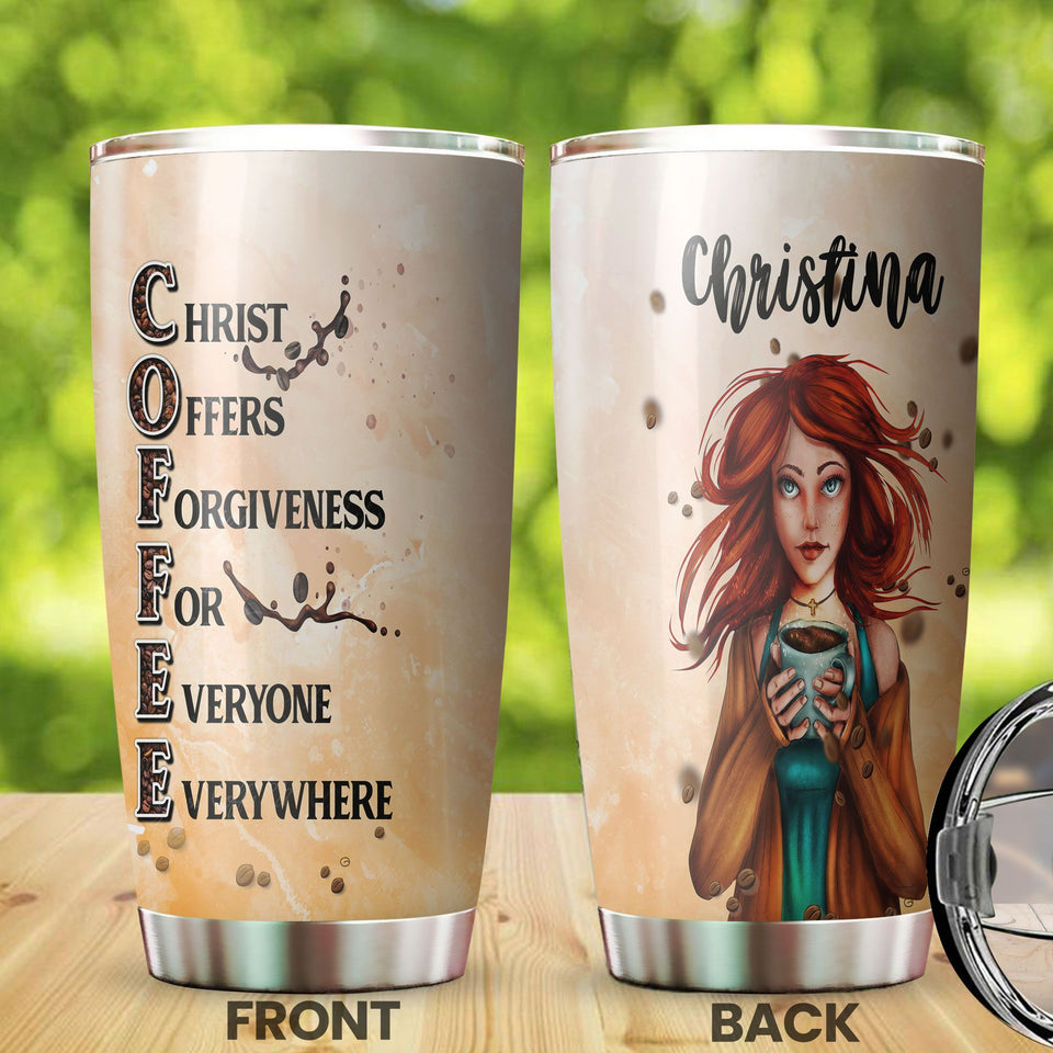 Camellia Personalized Redhead Coffee Girl Christ Forgiveness For Everyone Stainless Steel Tumbler - Double-Walled Insulation Coffee Thermal Cup With Lid Gift For Redhead Girl