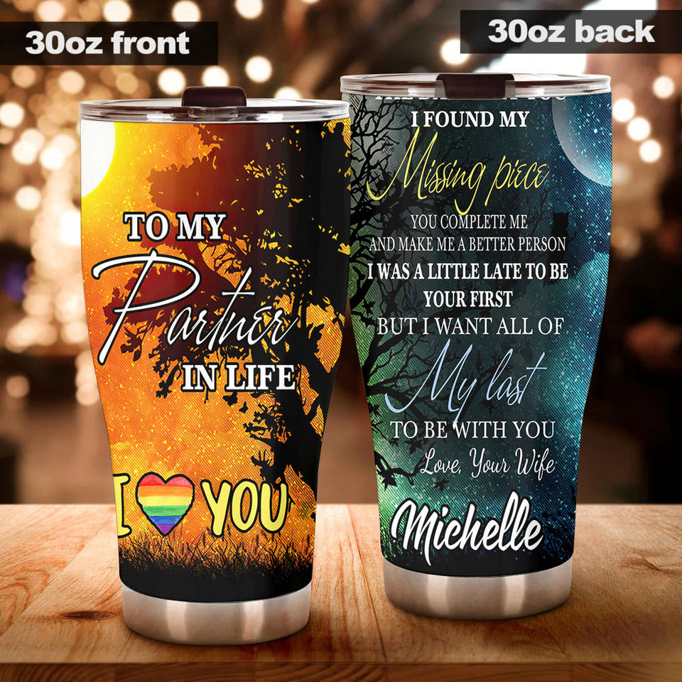 Camellia Personalized Rainbow Flag LGBT To My Partner In Life Stainless Steel Tumbler - Double-Walled Insulation Thermal Cup With Lid Gift For Gay Lesbian