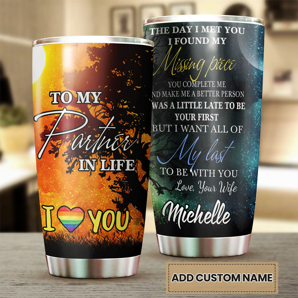 Camellia Personalized Rainbow Flag LGBT To My Partner In Life Stainless Steel Tumbler - Double-Walled Insulation Thermal Cup With Lid Gift For Gay Lesbian