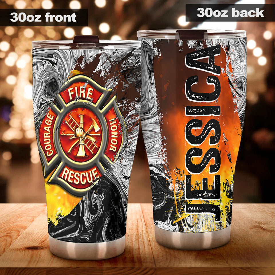 Camellia Personalized 3D Colorful Firefighter Dept Stainless Steel Tumbler - Customized Double-Walled Insulation Therma Cup With Lid Gift For Fireman