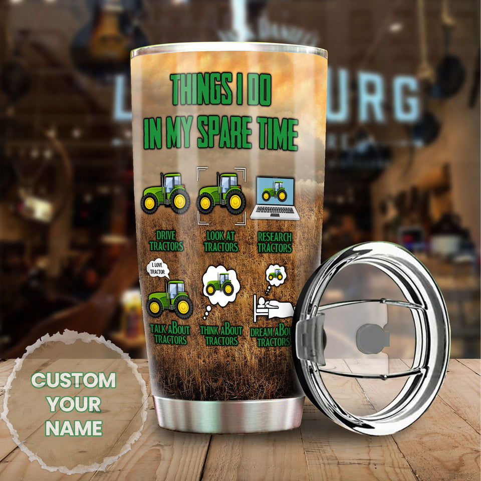 Camellia Personalized Green Tractor Things I Do In My Spare Time Farming Stainless Steel Tumbler - Double-Walled Insulation Travel Thermal Cup With Lid Gift For Farm Tractor Lover