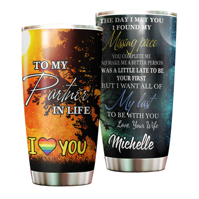 Camellia Personalized Rainbow Flag LGBT To My Partner In Life Stainless Steel Tumbler - Double-Walled Insulation Thermal Cup With Lid Gift For Gay Lesbian