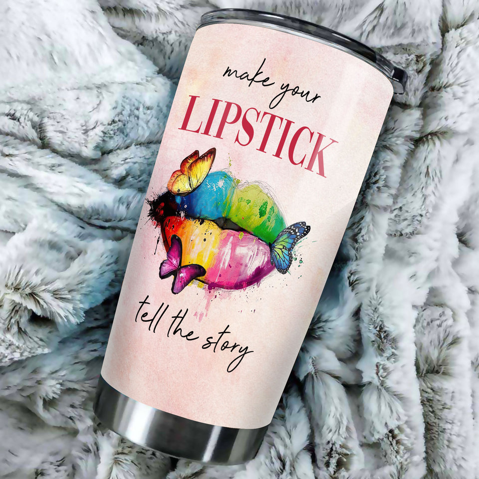 Camellia Personalized Hippie Colorful Make Your Lipstick Tell Story Stainless Steel Tumbler - Double-Walled Insulation Travel Thermal Cup With Lid Gift For Hipster Peace Lover