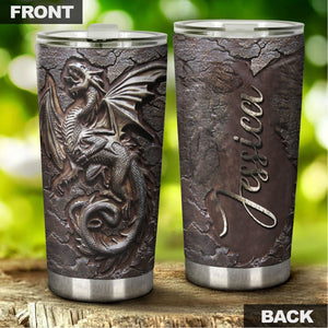 Camellia Personalized Viking Berserker Dragon Metal Style Graphic Stainless Steel Tumbler - Double-Walled Insulation Travel Thermal Cup With Lid Gift For Viking Lover