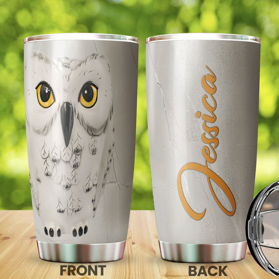 Camellia Personalized White Owl Nature Forest Graphics Stainless Steel Tumbler - Double-Walled Insulation Thermal Cup With Lid Gift For Owl Animal Lover