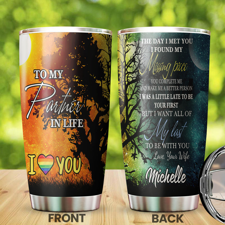 Camellia Personalized Rainbow Flag LGBT To My Partner In Life Stainless Steel Tumbler - Double-Walled Insulation Thermal Cup With Lid Gift For Gay Lesbian