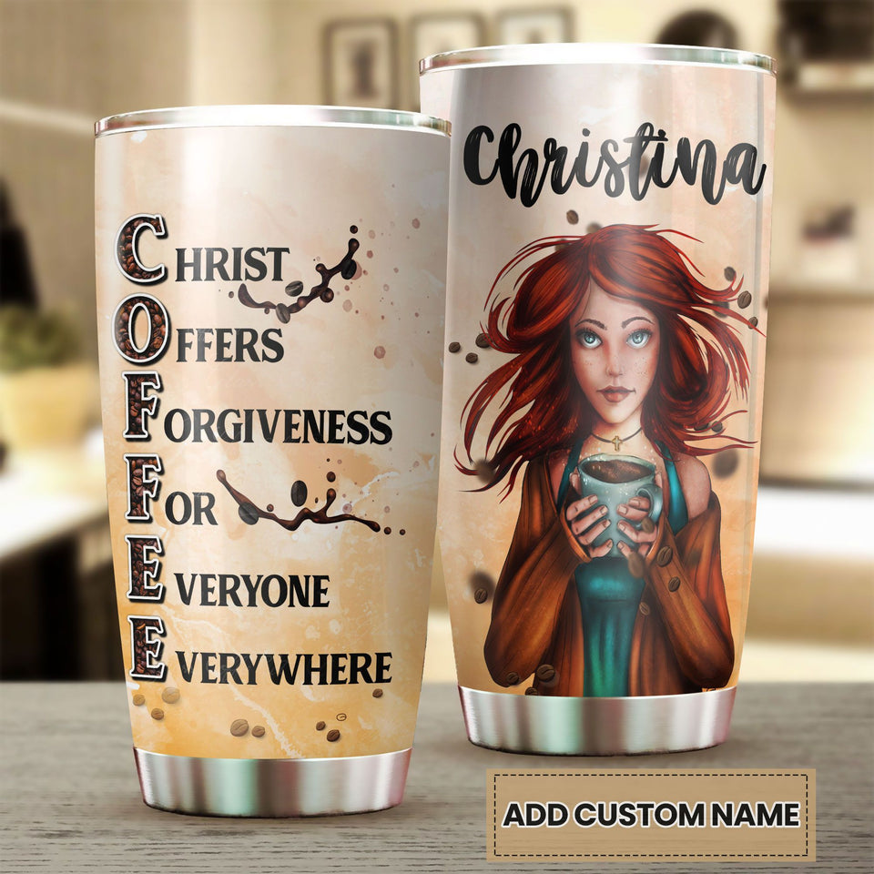 Camellia Personalized Redhead Coffee Girl Christ Forgiveness For Everyone Stainless Steel Tumbler - Double-Walled Insulation Coffee Thermal Cup With Lid Gift For Redhead Girl