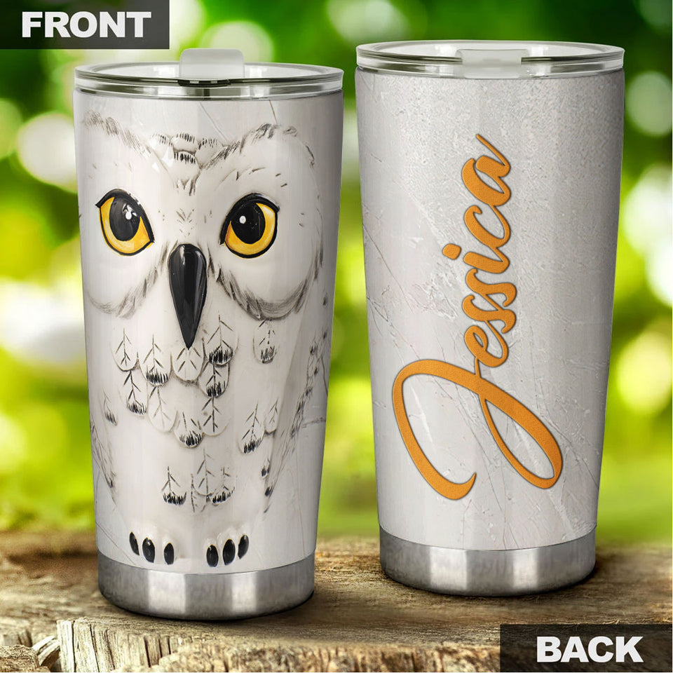 Camellia Personalized White Owl Nature Forest Graphics Stainless Steel Tumbler - Double-Walled Insulation Thermal Cup With Lid Gift For Owl Animal Lover