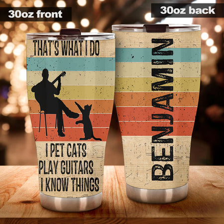 Camellia Personalized 3D Vintage Man Pets Cats Play Guitar And Know Things Stainless Steel Tumbler - Customized Double-Walled Insulation Therma Cup With Lid Gift For Guitarist