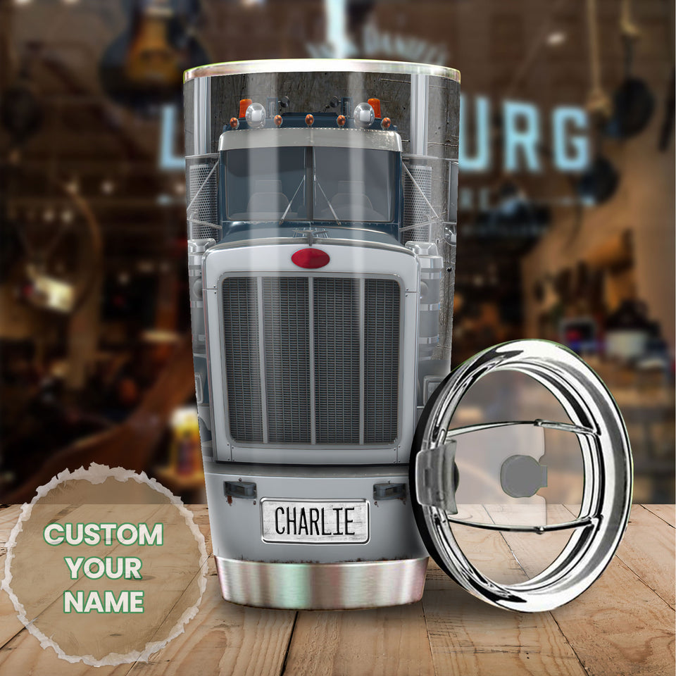 Camellia Personalized Silver Metal Truck Graphics Stainless Steel Tumbler - Double-Walled Insulation Travel Thermal Cup With Lid Gift For Trucker Men Truck Driver