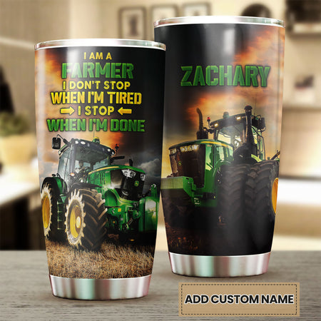 Camellia Personalized Green Tractor Don't Stop When I'm Tired Farming Stainless Steel Tumbler - Double-Walled Insulation Travel Thermal Cup With Lid Gift For Farmer Tractor Lover