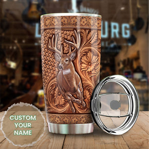 Camellia Personalized Deer Hunting Wooden Style Graphics Stainless Steel Tumbler - Double-Walled Insulation Travel Thermal Cup With Lid Gift For Hunter Hunting Dad Men