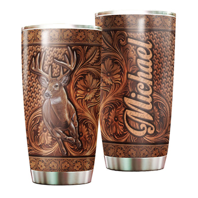 Camellia Personalized Deer Hunting Wooden Style Graphics Stainless Steel Tumbler - Double-Walled Insulation Travel Thermal Cup With Lid Gift For Hunter Hunting Dad Men