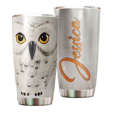 Camellia Personalized White Owl Nature Forest Graphics Stainless Steel Tumbler - Double-Walled Insulation Thermal Cup With Lid Gift For Owl Animal Lover